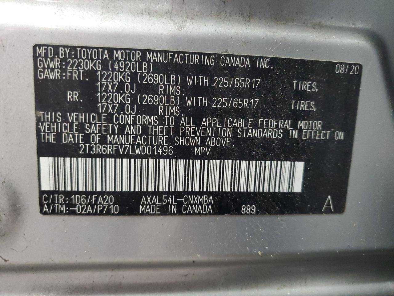2020 Toyota Rav4 Xle VIN: 2T3R6RFV7LW001496 Lot: 54058485