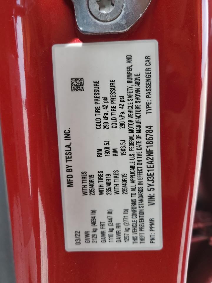 2022 Tesla Model 3 VIN: 5YJ3E1EA2NF186784 Lot: 53386235