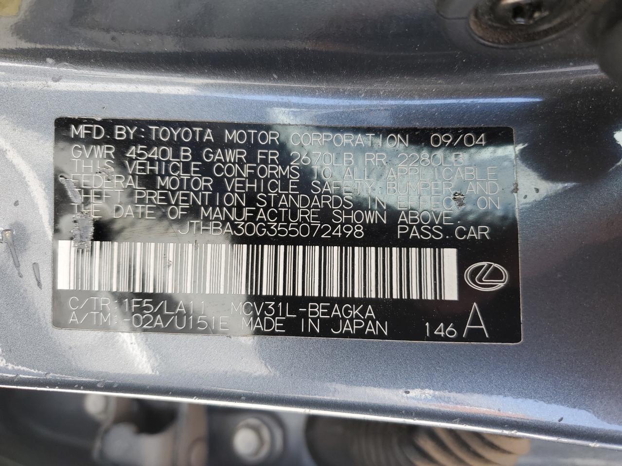 2005 Lexus Es 330 VIN: JTHBA30G355072498 Lot: 53842405