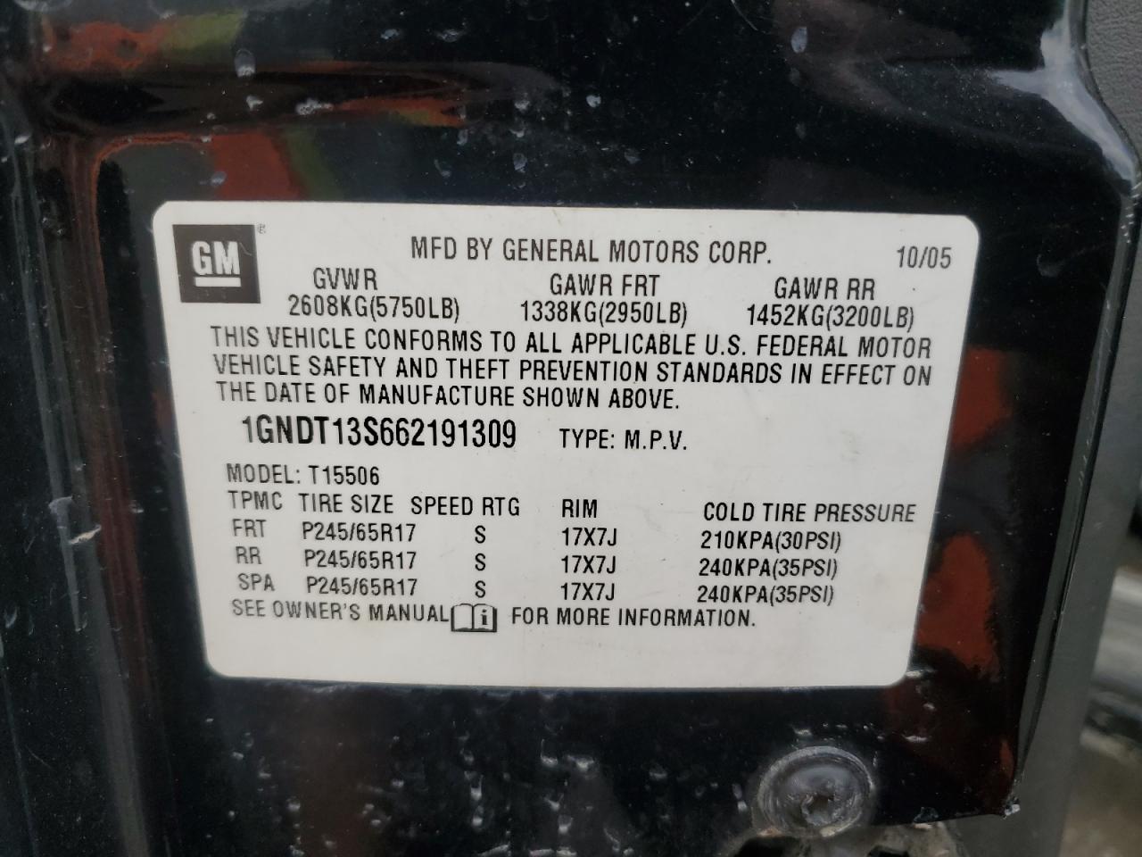 2006 Chevrolet Trailblazer Ls VIN: 1GNDT13S662191309 Lot: 51985395