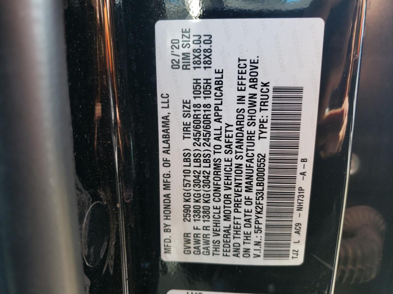 2020 Honda Ridgeline VIN: 000552 Lot: 54984365