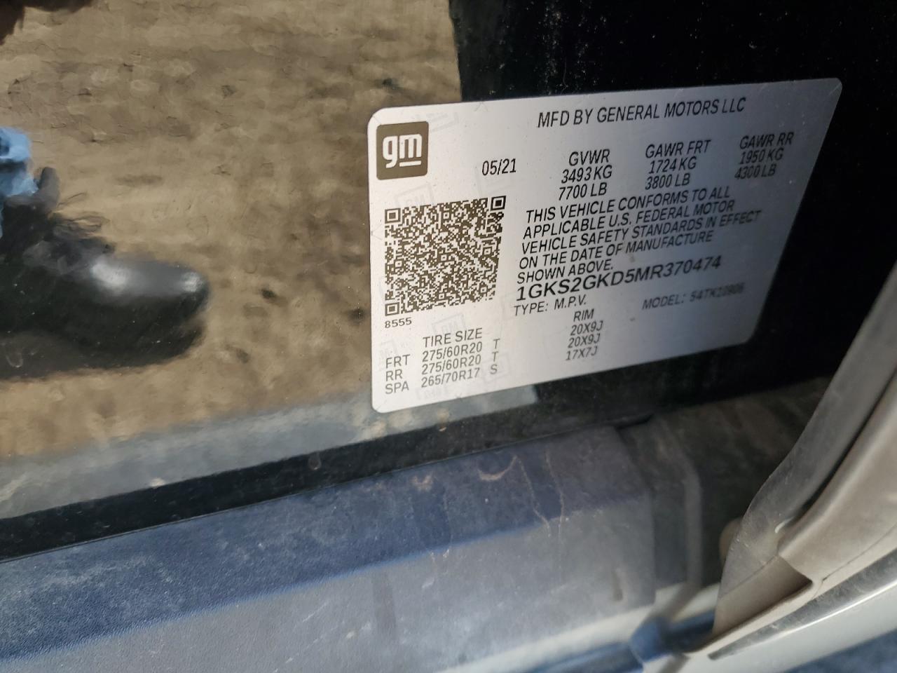 2021 GMC Yukon Xl K1500 Slt VIN: 1GKS2GKD5MR370474 Lot: 52116495