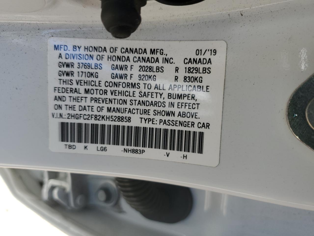 2019 Honda Civic Sport VIN: 2HGFC2F82KH528858 Lot: 51514675