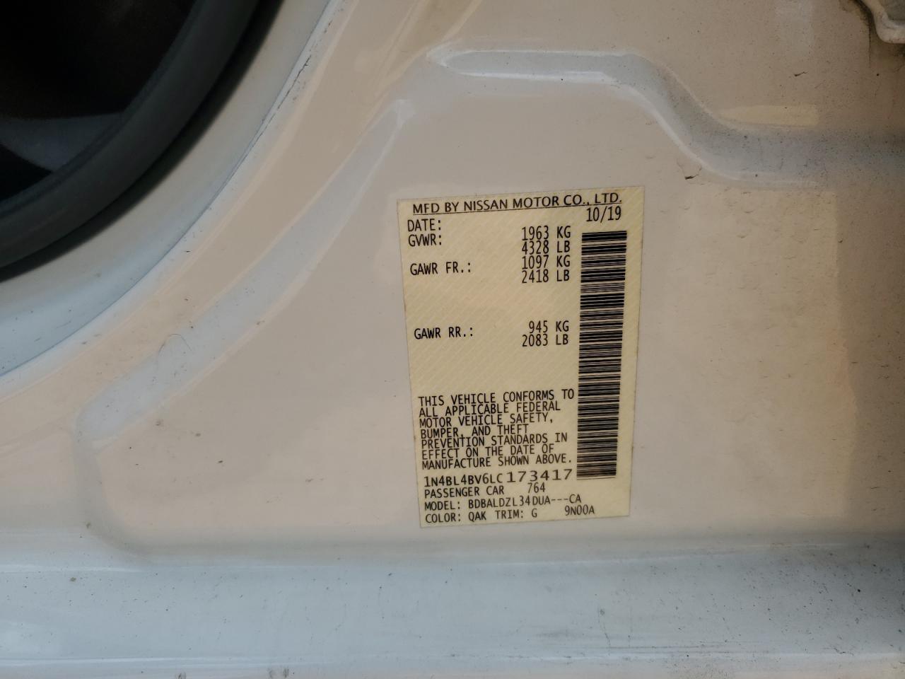 2020 Nissan Altima S VIN: 1N4BL4BV6LC173417 Lot: 53776115