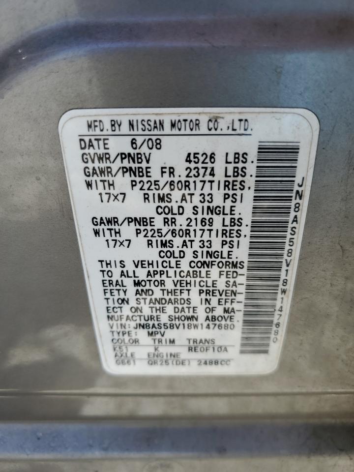 2008 Nissan Rogue S VIN: JN8AS58V18W147680 Lot: 55100815