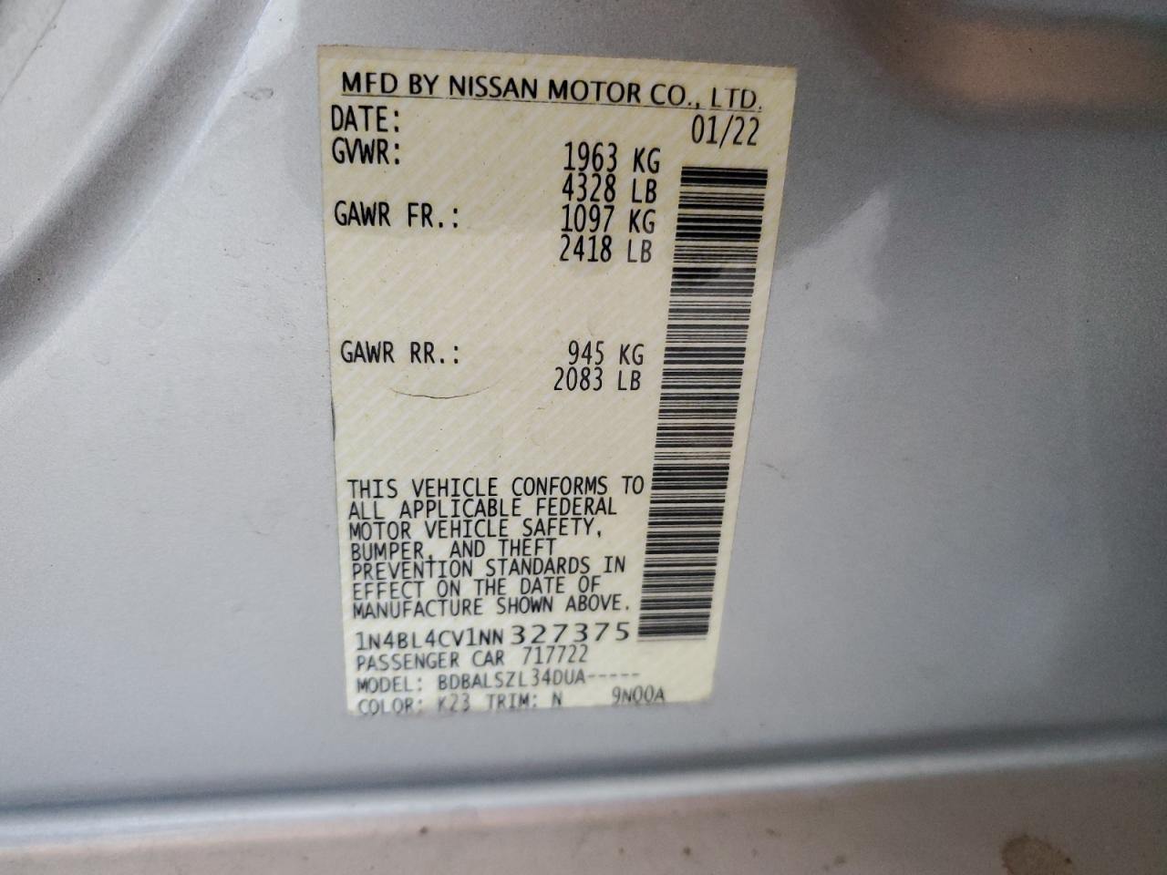 2022 Nissan Altima Sr VIN: 1N4BL4CV1NN327375 Lot: 54759715