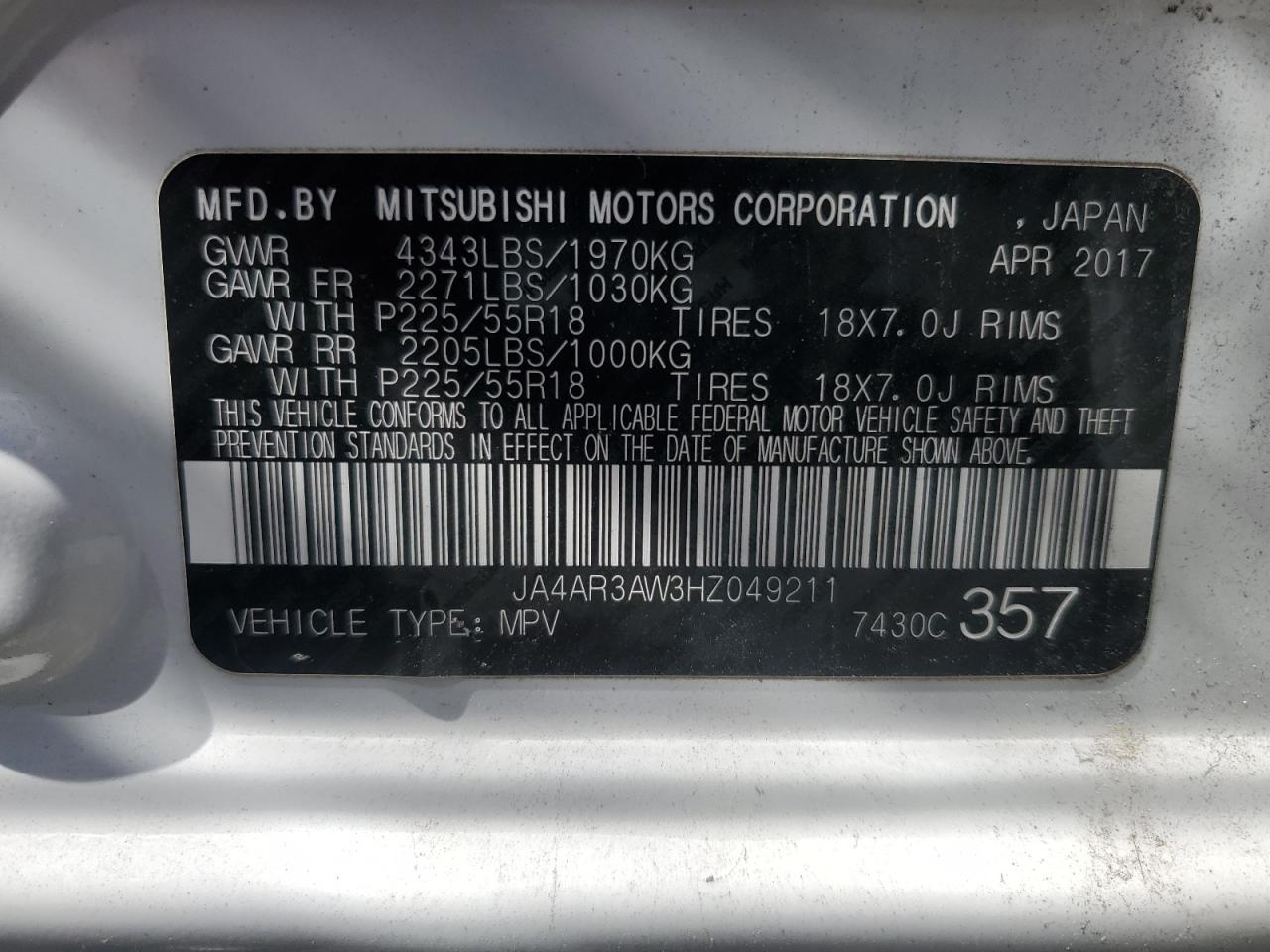 2017 Mitsubishi Outlander Sport Es VIN: JA4AR3AW3HZ049211 Lot: 54486995