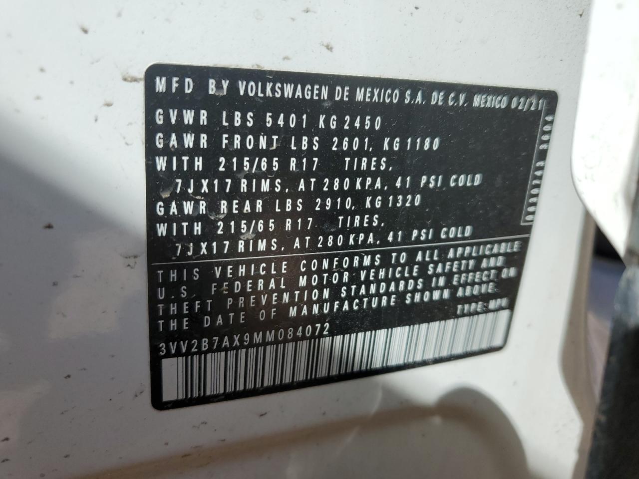 2021 Volkswagen Tiguan Se VIN: 3VV2B7AX9MM084072 Lot: 84612365