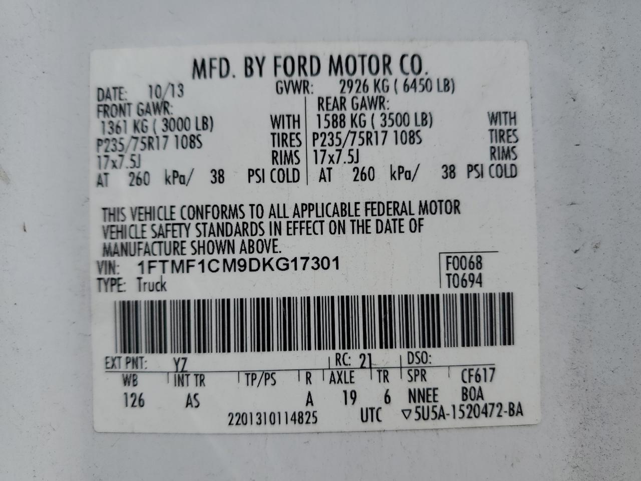 2013 Ford F150 VIN: 1FTMF1CM9DKG17301 Lot: 52807415