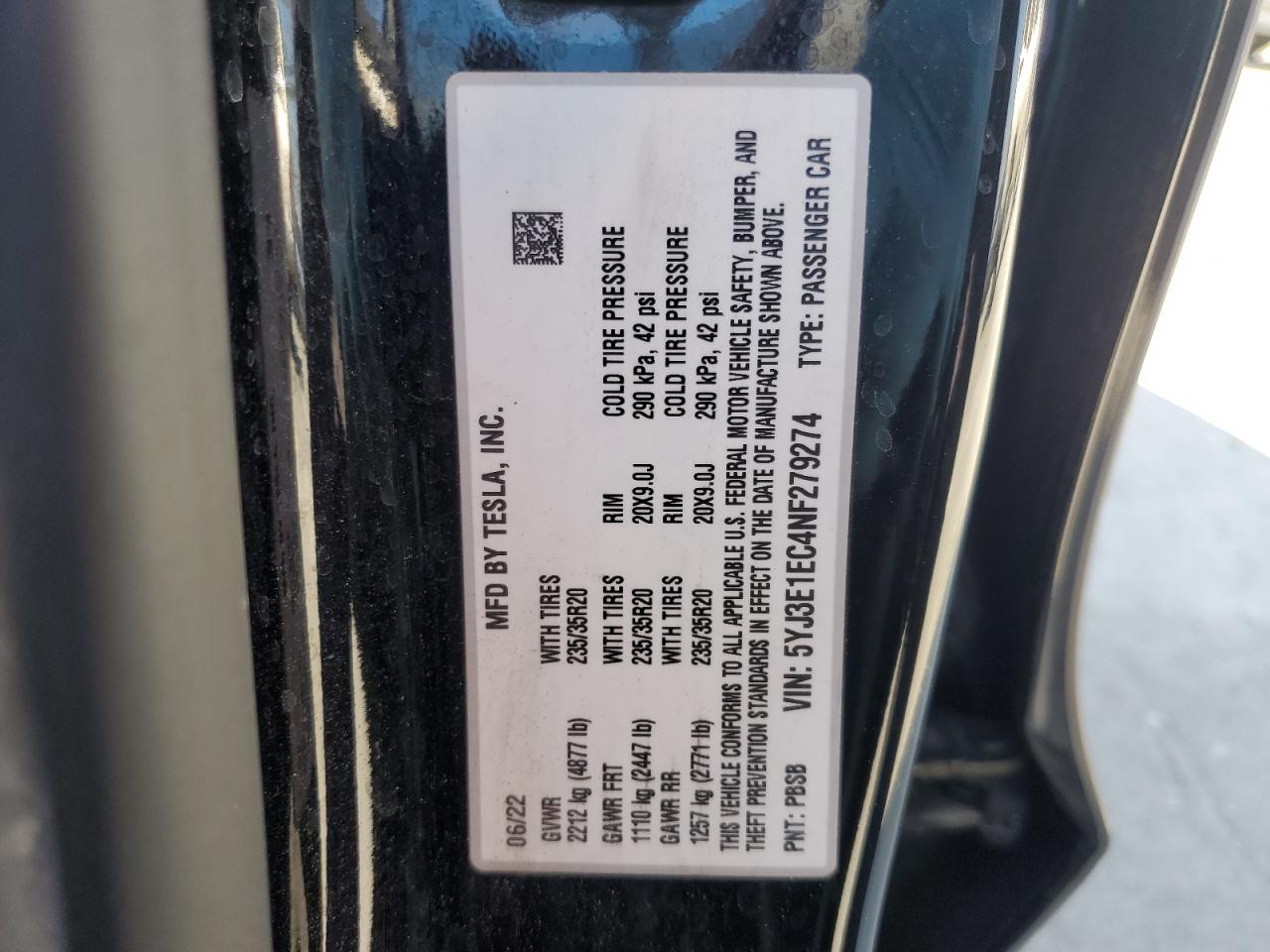 2022 Tesla Model 3 VIN: 5YJ3E1EC4NF279274 Lot: 52165585