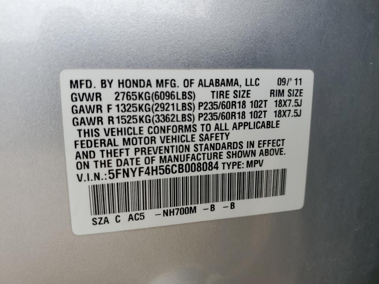 2012 Honda Pilot Exl VIN: 5FNYF4H56CB00808 Lot: 53098425