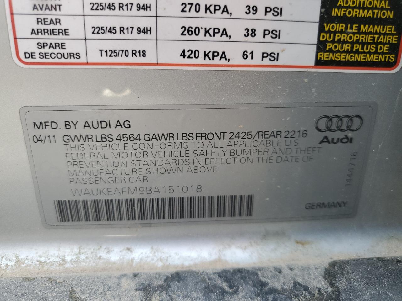 2011 Audi A3 Premium Plus VIN: WAUKEAFM9BA151018 Lot: 51302095