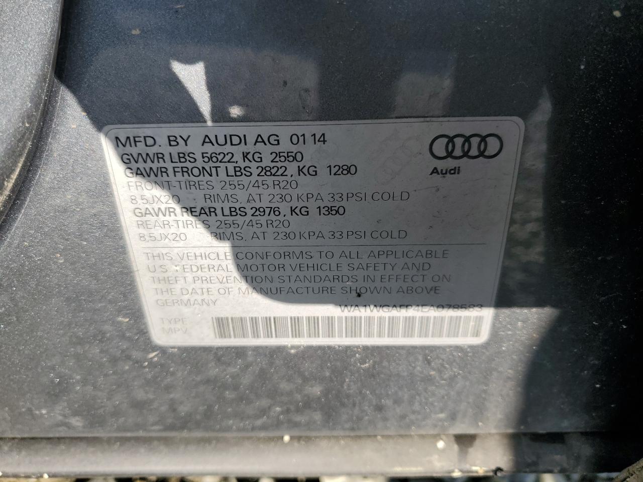 2014 Audi Q5 Prestige VIN: WA1WGAFP4EA078583 Lot: 51032225