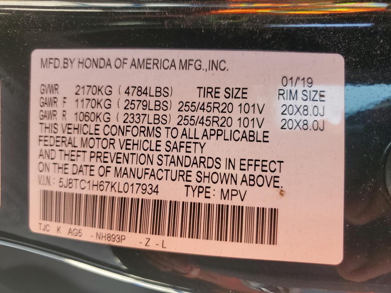 2019 Acura Rdx A-Spec VIN: 5J8TC1H67KL017934 Lot: 53737555