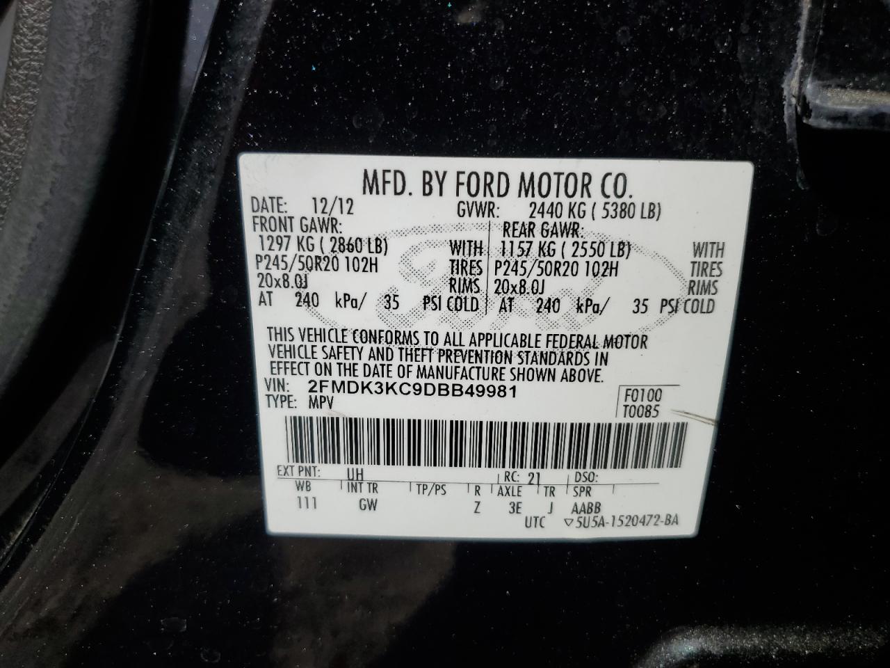 2013 Ford Edge Limited VIN: 2FMDK3KC9DBB49981 Lot: 54315855