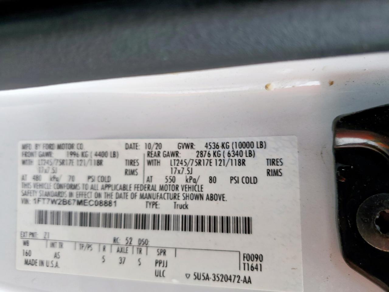 VIN: 1FT7W2B67MEC08881 2021 FORD F250