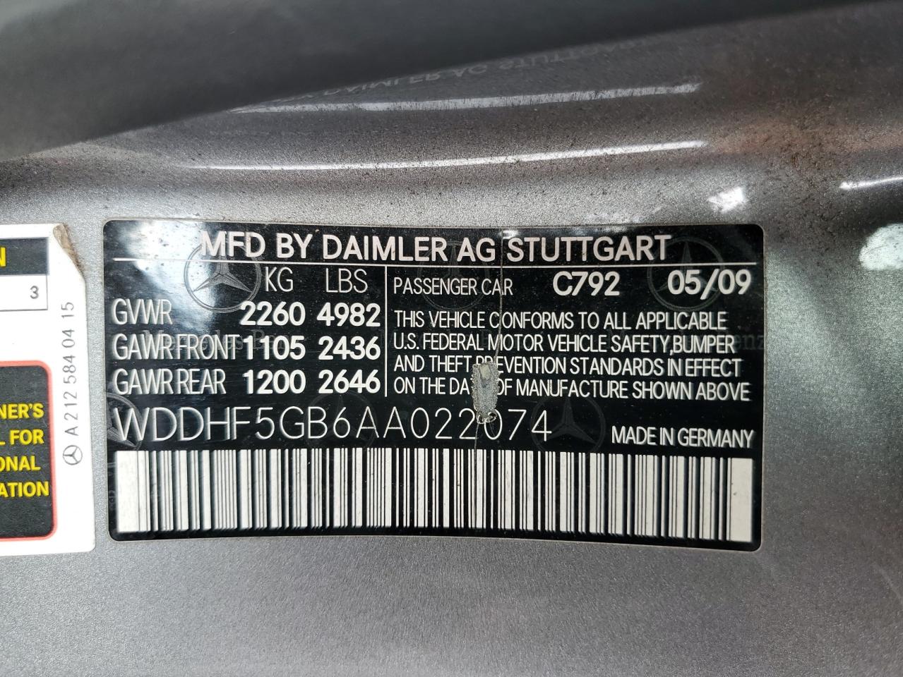 2010 Mercedes-Benz E 350 VIN: WDDHF5GB6AA022074 Lot: 54190085
