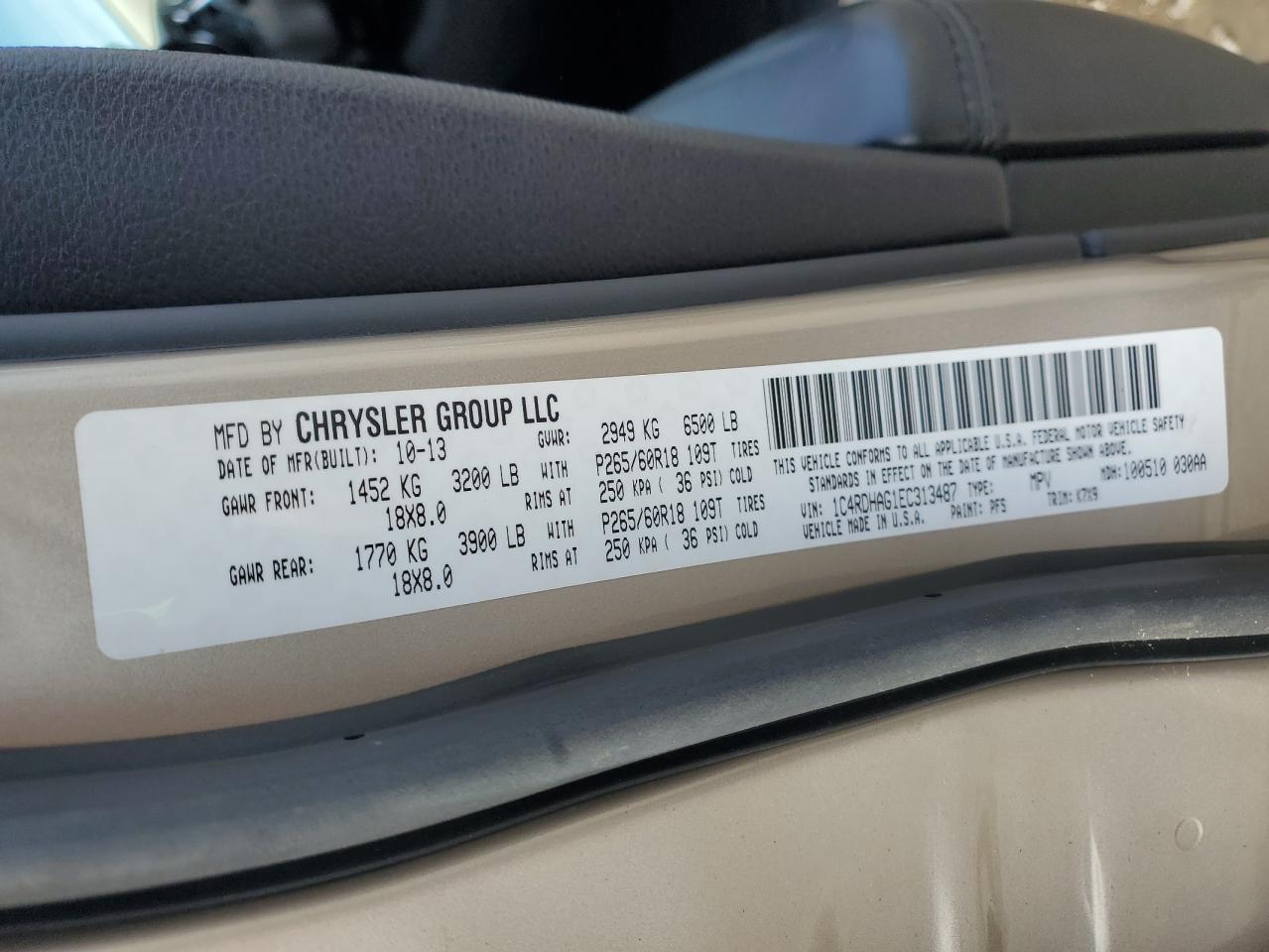 2014 Dodge Durango Sxt VIN: 1C4RDHAG1EC313487 Lot: 53870565