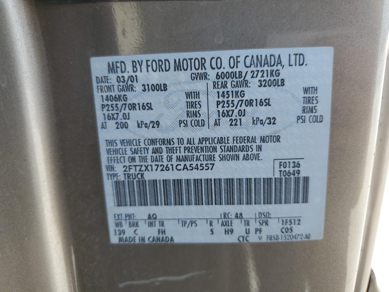 2001 Ford F150 VIN: 2FTZX17261CA54557 Lot: 86820335