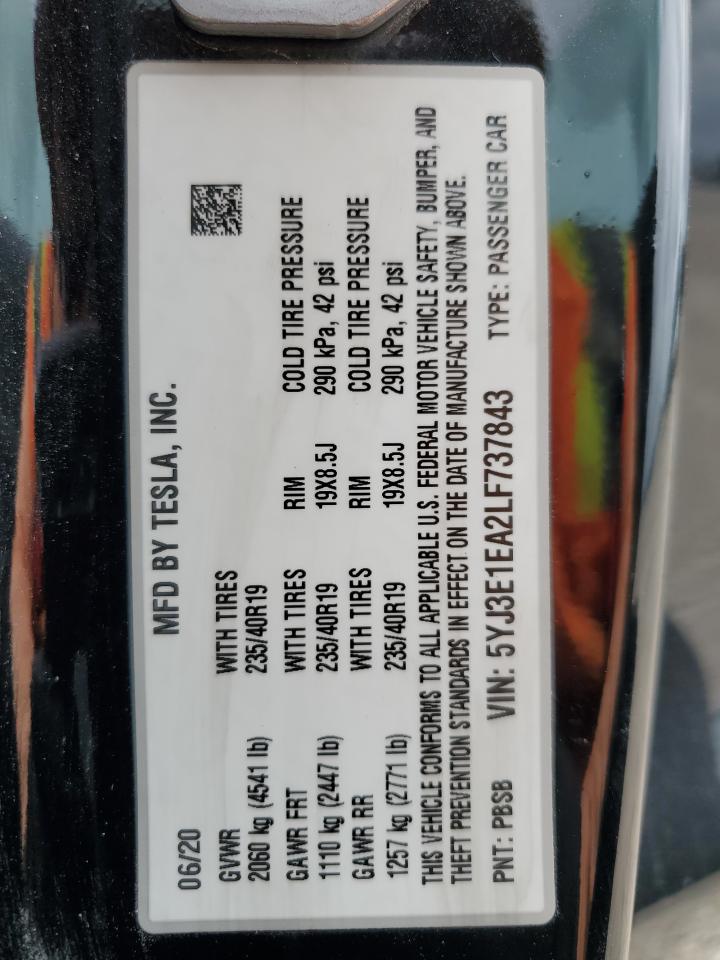 2020 Tesla Model 3 VIN: 5YJ3E1EA2LF737843 Lot: 55173845