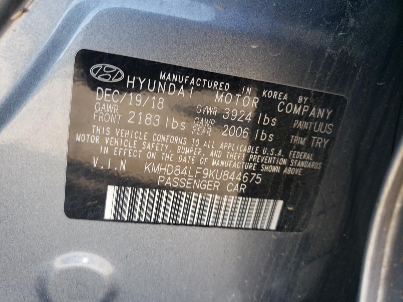 2019 Hyundai Elantra Sel VIN: KMHD84LF9KU844675 Lot: 52333115