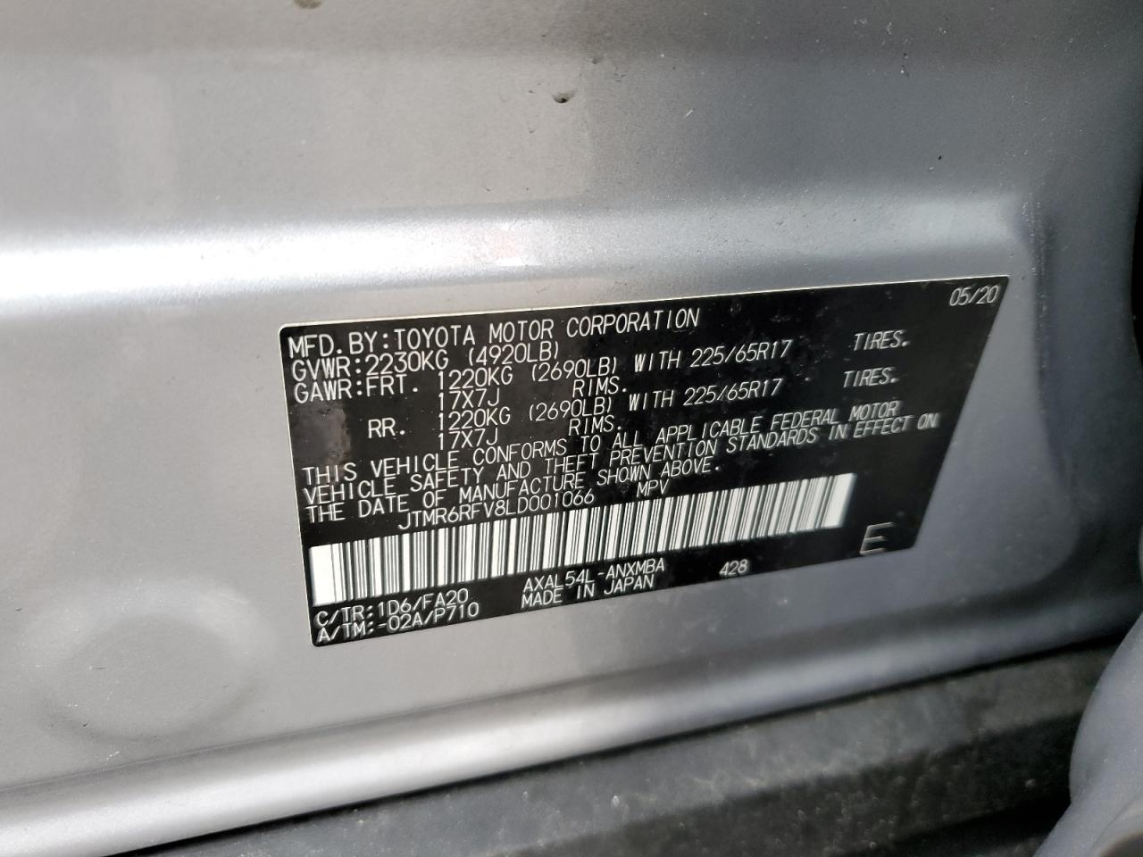 2020 Toyota Rav4 Xle VIN: JTMR6RFV8LD001066 Lot: 51587815
