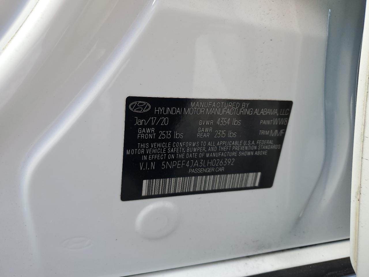 2020 Hyundai Sonata Sel VIN: 5NPEF4JA3LH026392 Lot: 54477585