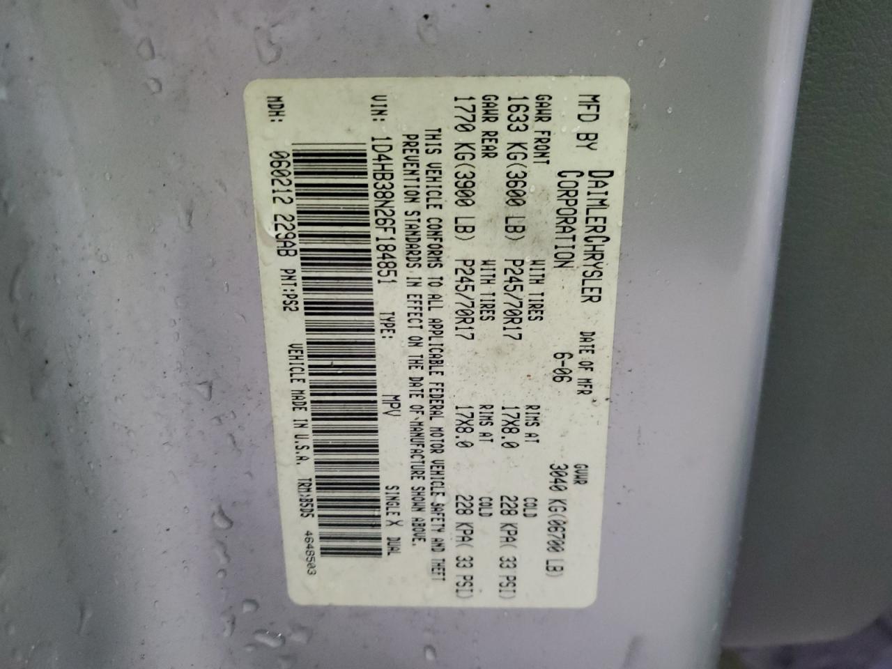 2006 Dodge Durango Sxt VIN: 1D4HB38N26F184851 Lot: 48090405