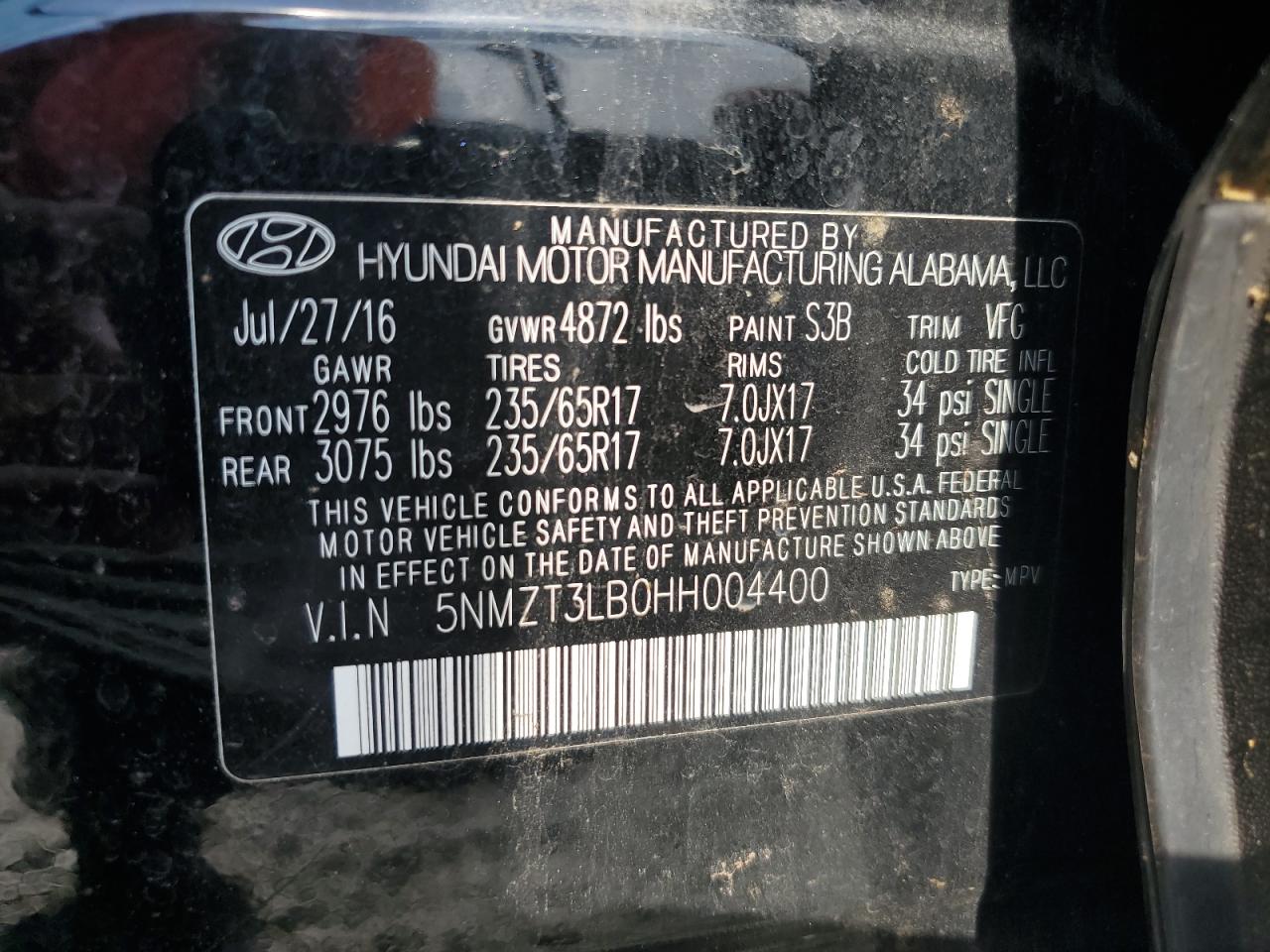2017 Hyundai Santa Fe Sport VIN: 5NMZT3LB0HH004400 Lot: 55030905