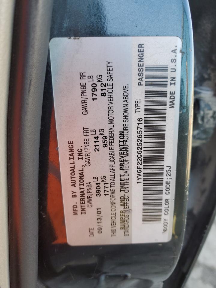 2002 Mazda 626 Lx VIN: 1YVGF22C625265716 Lot: 50928725