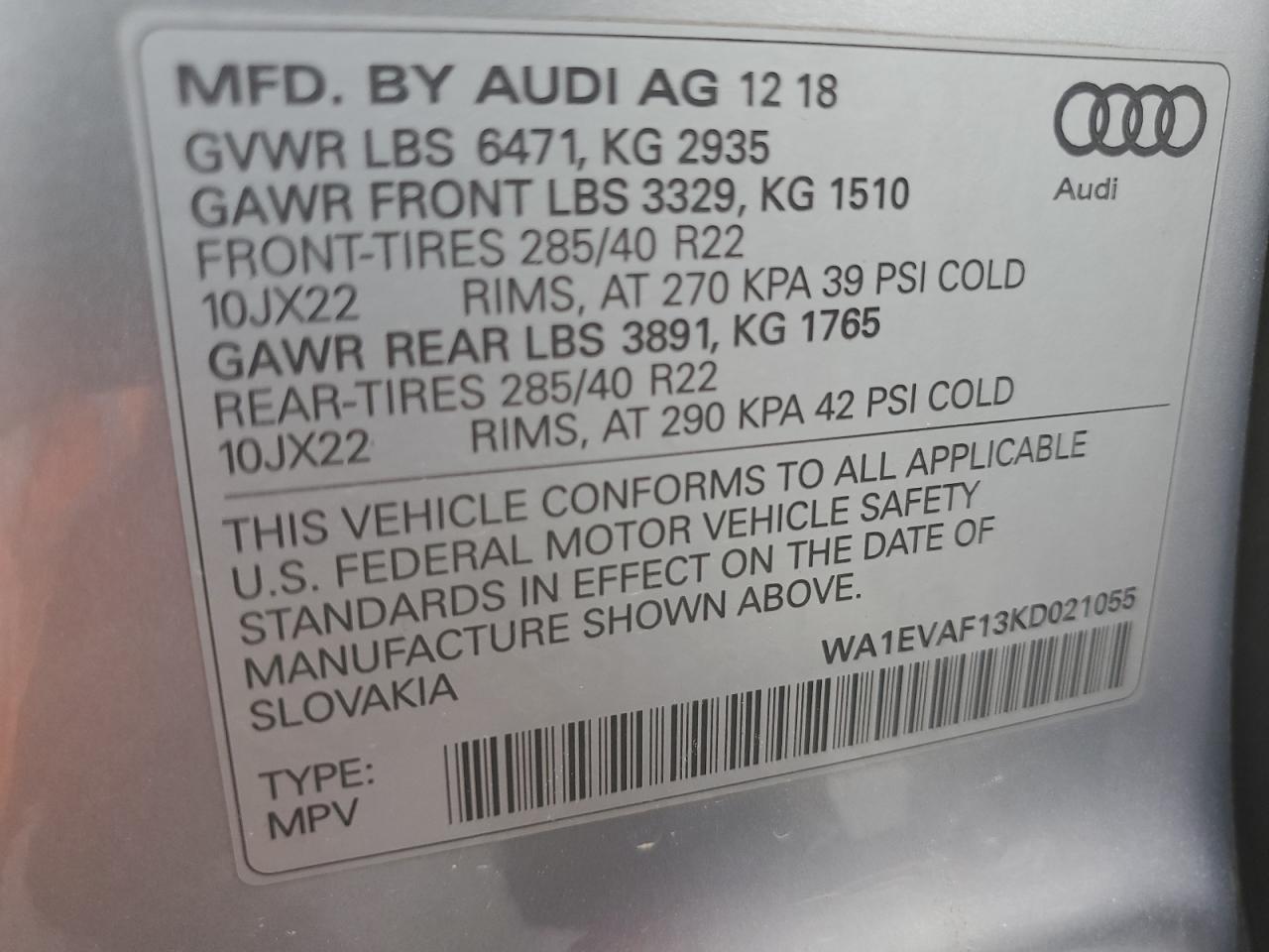 2019 Audi Q8 Premium Plus S-Line VIN: WA1EVAF13KD021055 Lot: 51812235