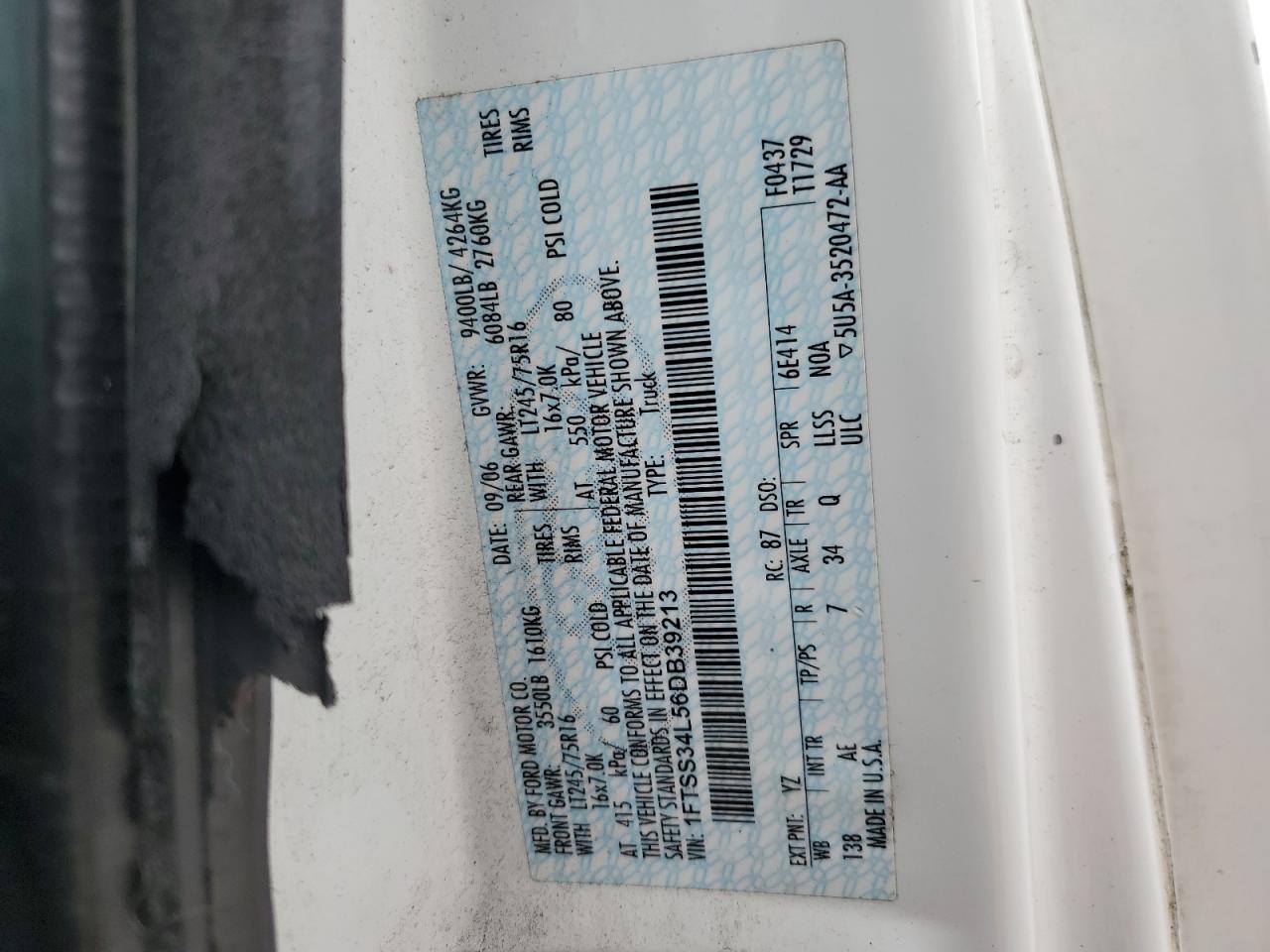 2006 Ford Econoline E350 Super Duty Van VIN: 1FTSS34L56DB39213 Lot: 53688055