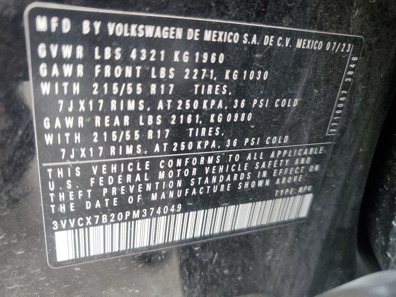 2023 Volkswagen Taos S VIN: 3VVCX7B20PM374049 Lot: 52433635