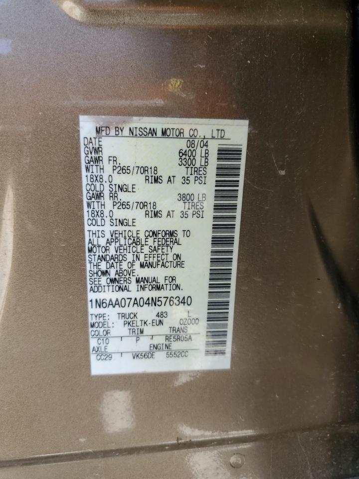2004 Nissan Titan Xe VIN: 1N6AA07A04N576340 Lot: 50909695