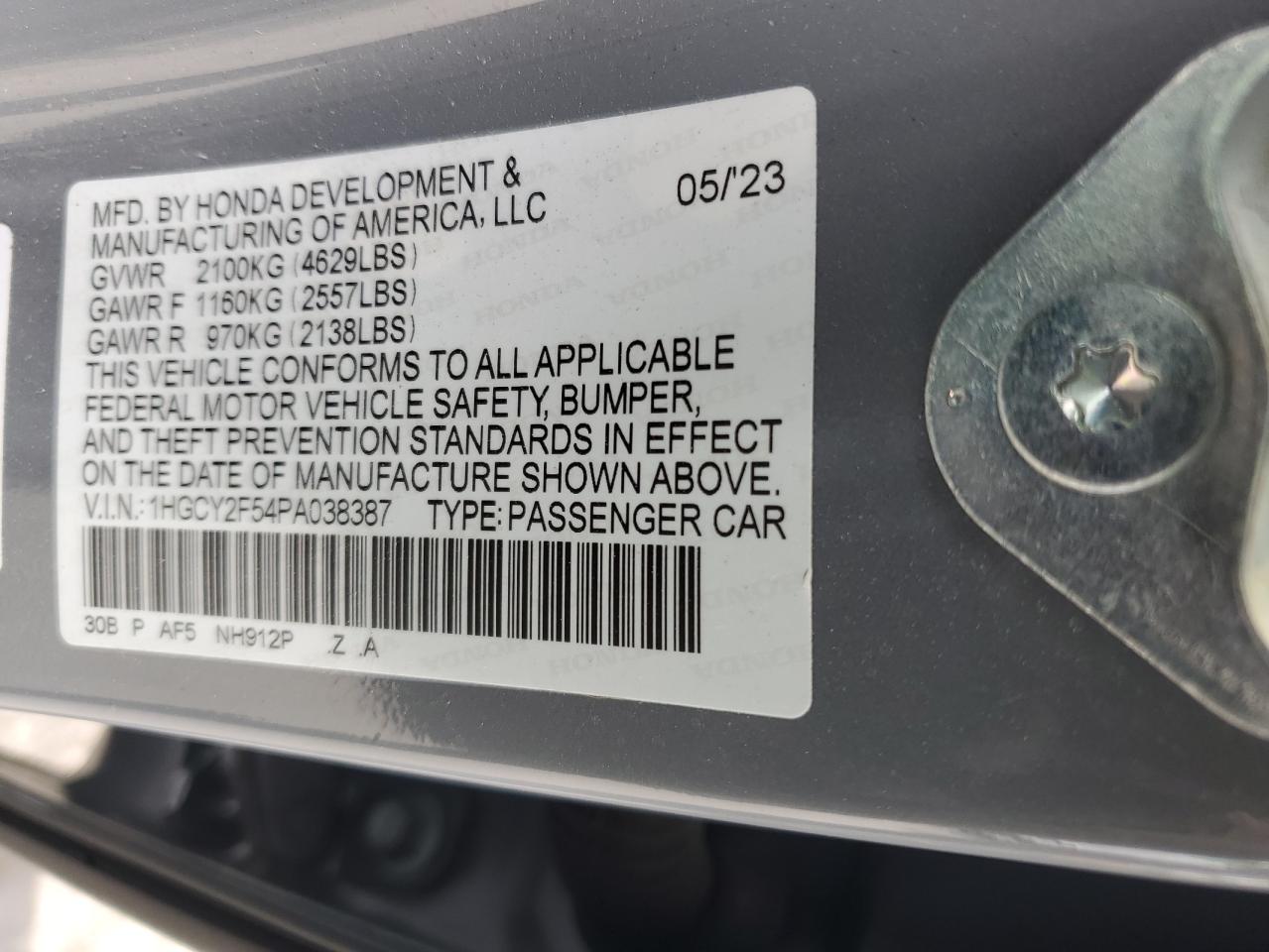 2023 Honda Accord Hybrid Sport VIN: 1HGCY2F54PA038387 Lot: 49392055