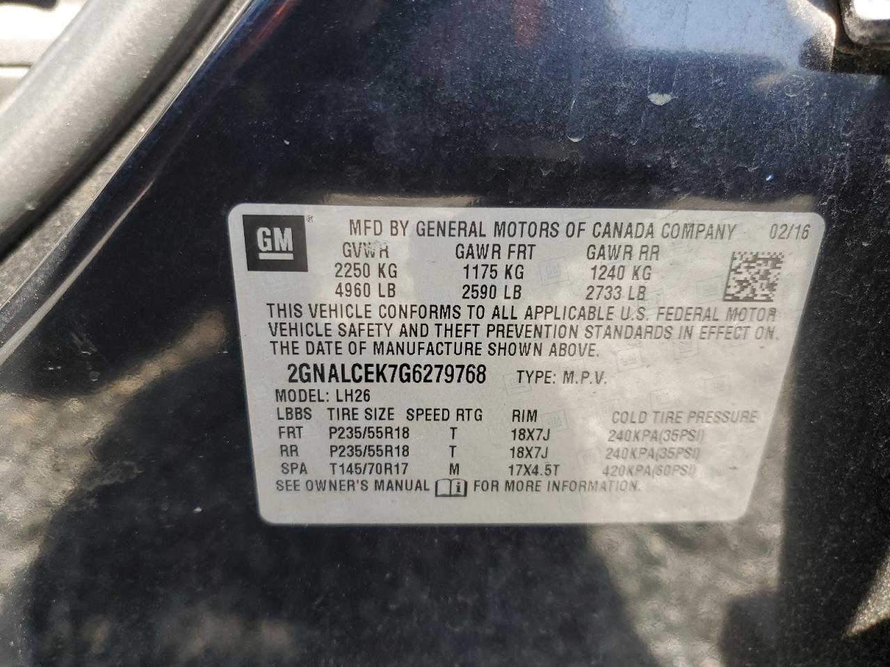 2gnalcek7g6279768 2GNALCEK7G6279768 2016 Chevrolet Equinox Lt