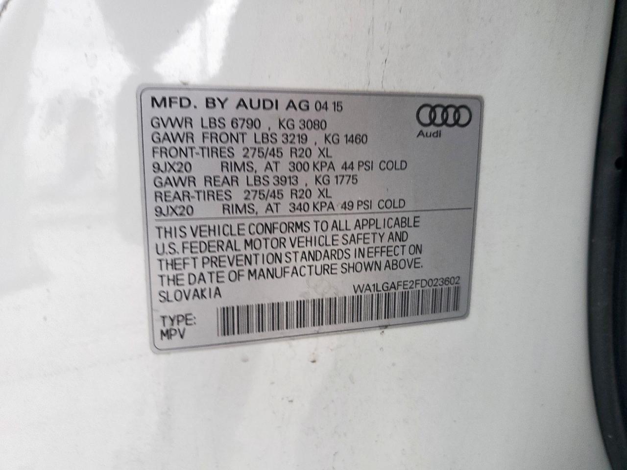 2015 Audi Q7 Premium Plus VIN: WA1LGAFE2FD023602 Lot: 53737705