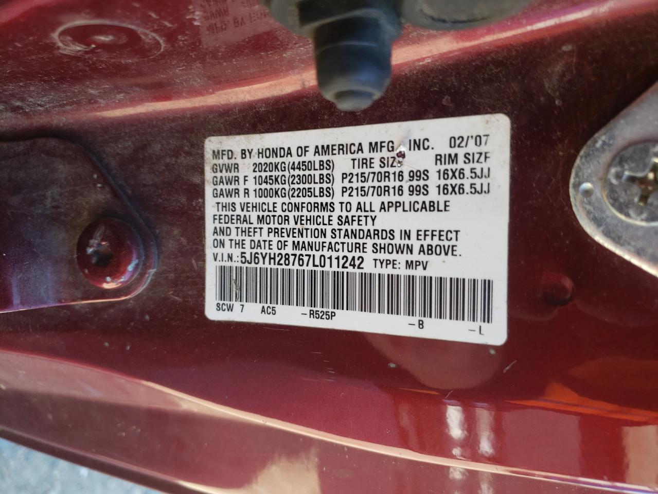 2007 Honda Element Ex VIN: 5J6YH28767L011242 Lot: 52603985