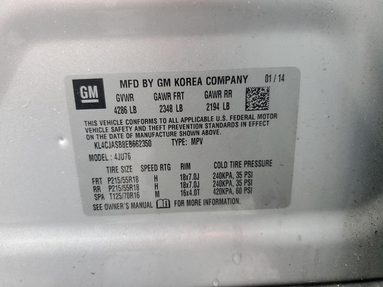 2014 Buick Encore VIN: KL4CJASB8EB662350 Lot: 52091435