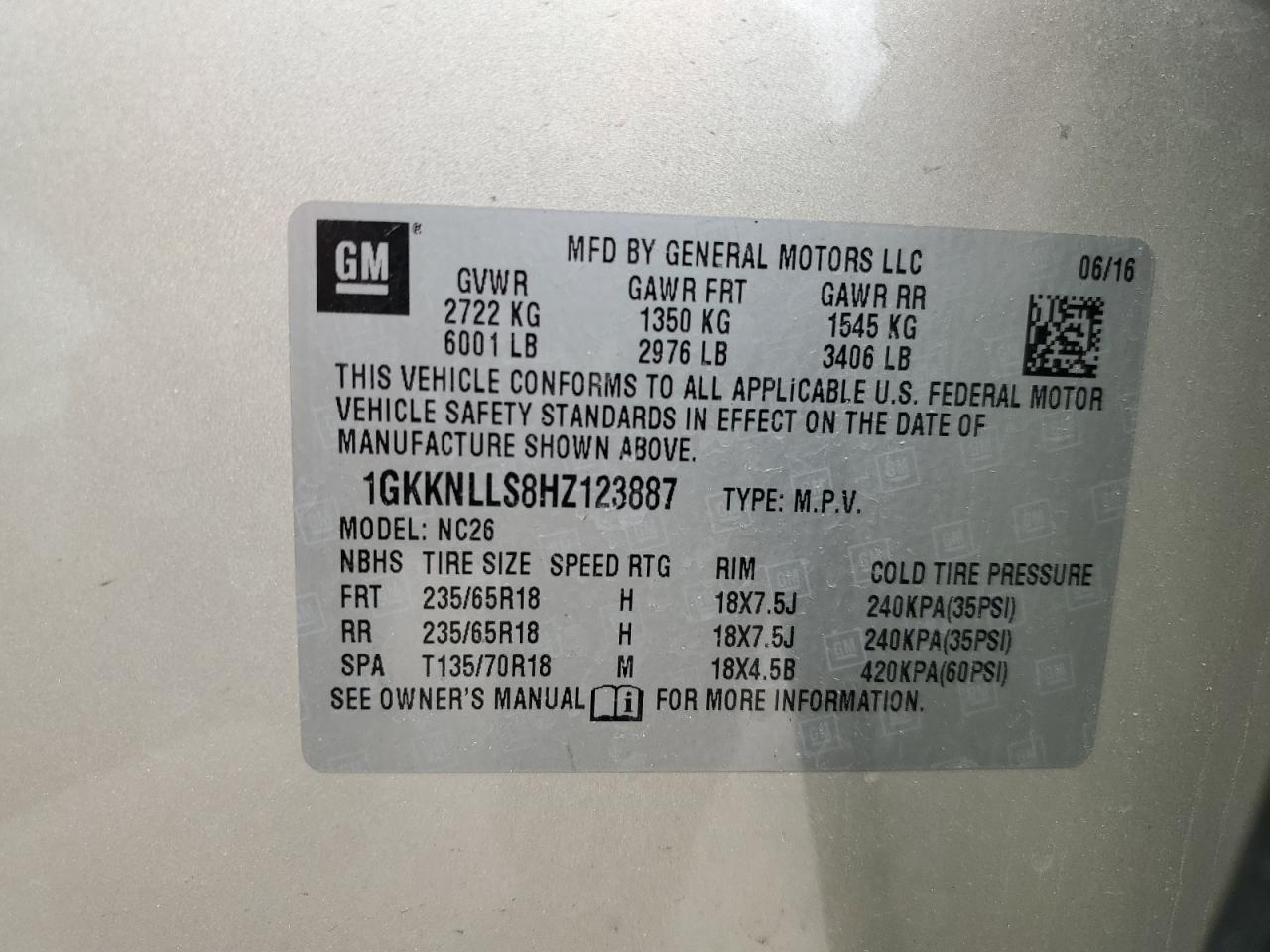2017 GMC Acadia Sle VIN: 1GKKNLLS8HZ123887 Lot: 50756595