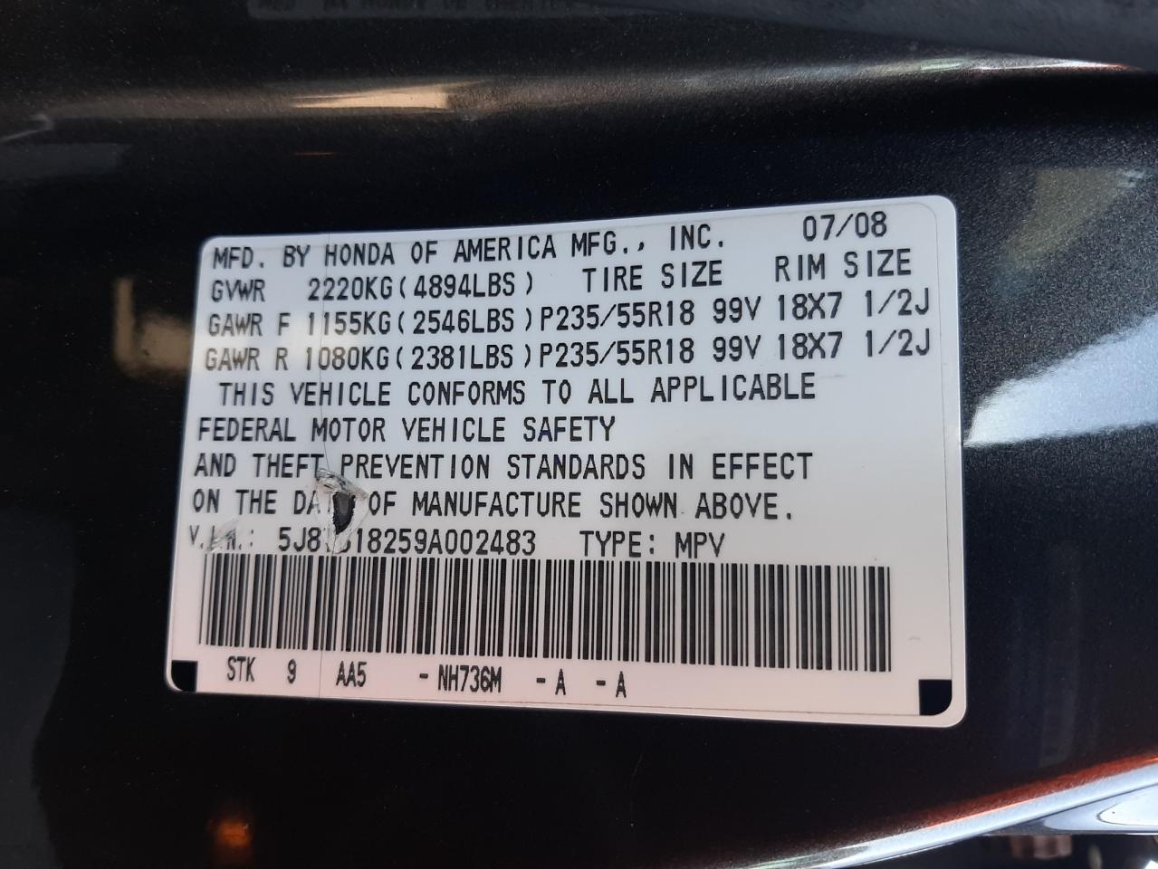 2009 Acura Rdx VIN: 5J8TB18259A002483 Lot: 54073535