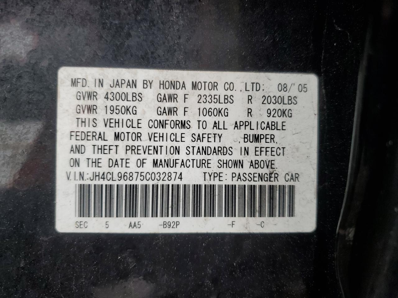 2005 Acura Tsx VIN: JH4CL96875C032874 Lot: 51725295