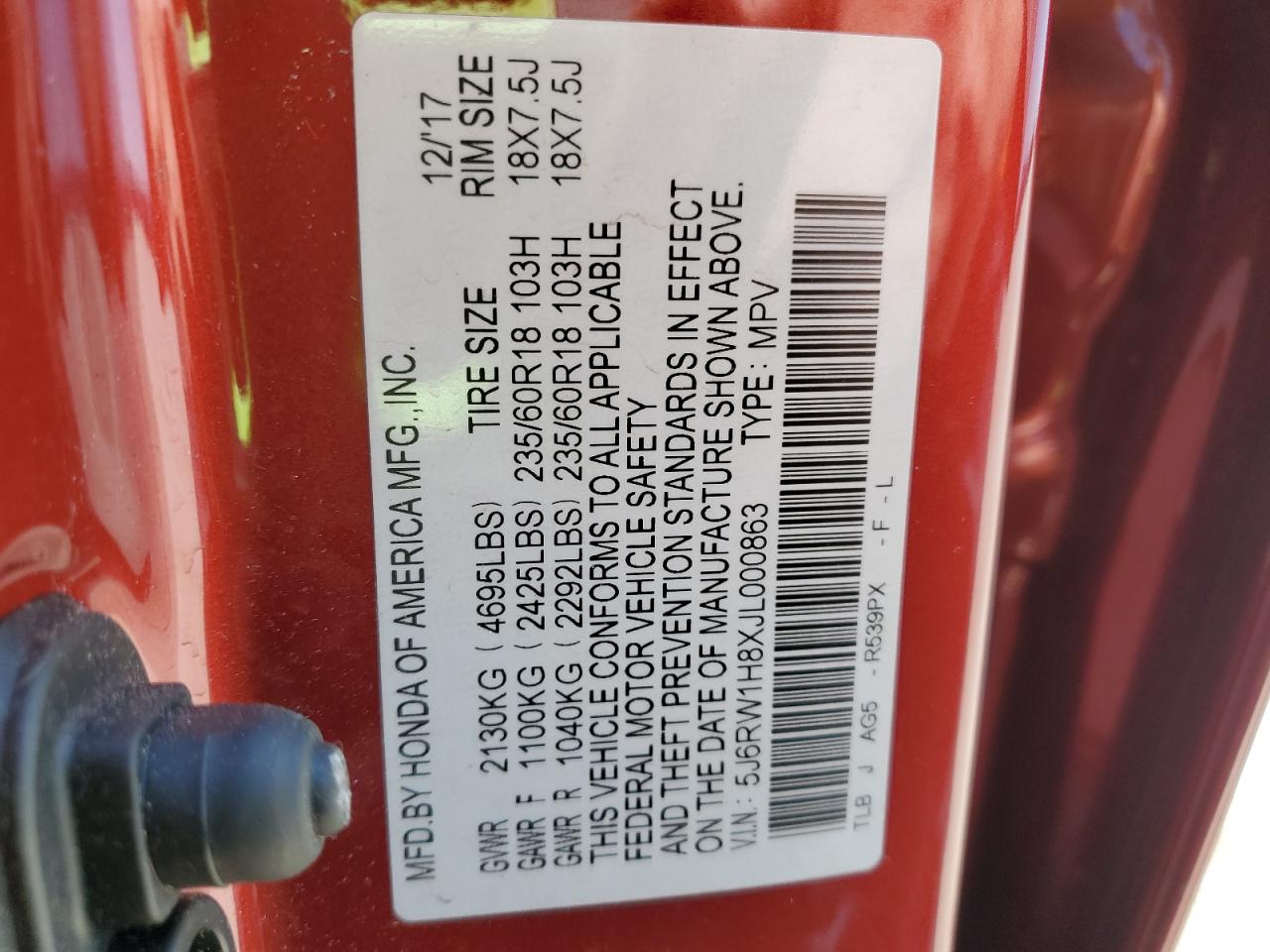 VIN: 5J6RW1H8XJL000863 2018 HONDA CRV