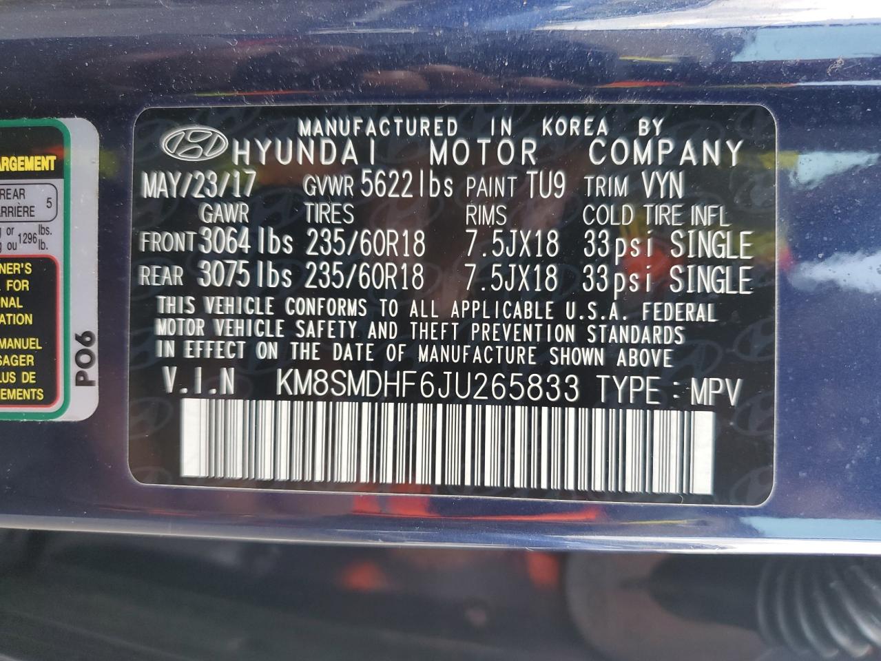 2018 Hyundai Santa Fe Se VIN: KM8SMDHF6JU265833 Lot: 54759195