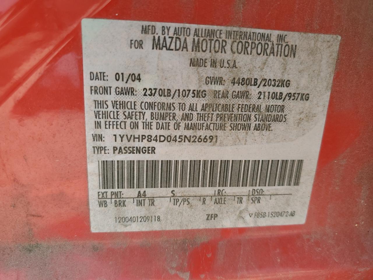 2004 Mazda 6 S VIN: 1YVHP84D045N26691 Lot: 52121645