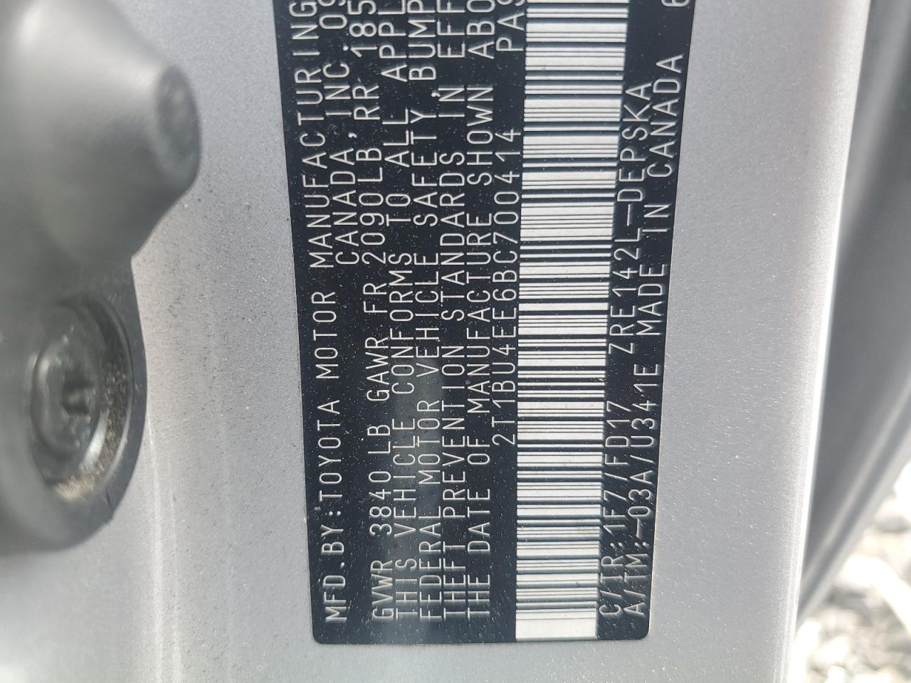 2011 Toyota Corolla Base VIN: 2T1BU4EE6BC700414 Lot: 54386825