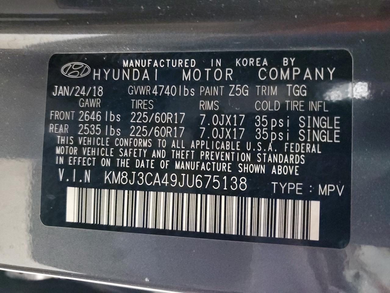 2018 Hyundai Tucson VIN: 675138 Lot: 52667225