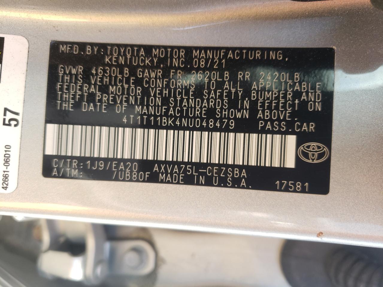 2022 Toyota Camry Se VIN: 4T1T11BK4NU048479 Lot: 54774785