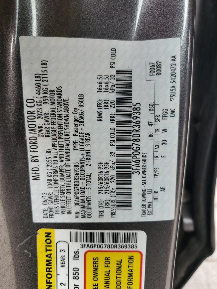 2013 Ford Fusion S VIN: 3FA6P0G78DR369385 Lot: 63083675