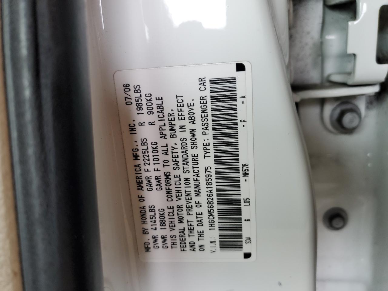 2006 Honda Accord Ex VIN: 1HGCM56826A185975 Lot: 55064665